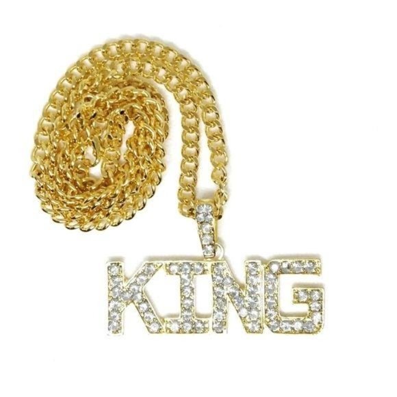 KING Men's Iced Out Gold Pendant + Necklace KING - Picture 2 of 5